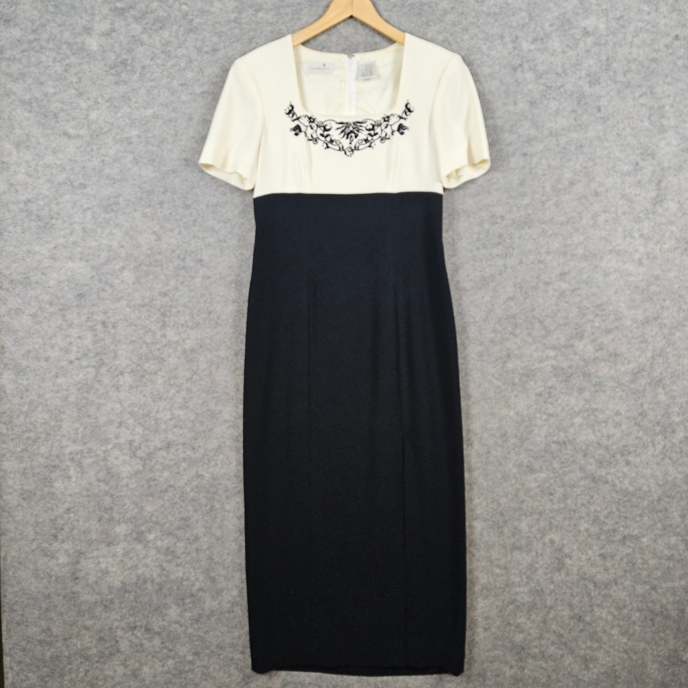 Liz Claiborne Womens Size 6 Black Cream Square Neck Embroidered Midi Dress Split